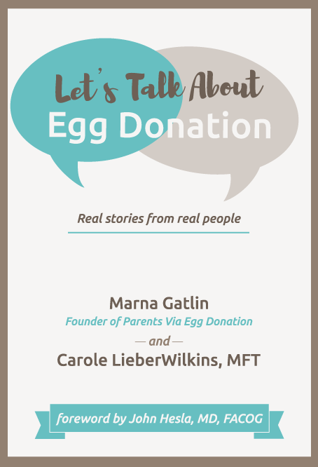 Graphic of the book, "Let's Talk About Egg Donation." Cream background with a turquoise speech bubble at top left and a latte-colored speech bubble st top right. The speech bubbles are under the title of the book: the words "Let's Talk About" appear in an upbeat cursive font in chocolate brown; beneath are the words "Egg Donation" in a serif font in the same cream color as the background. Below the title are the words "Real stories from real people" which appear in chocolate brown and are underlined in turquoise. The lower half of the cover show the authors names: Marna Gatlin, Founder of Parents Via Egg Donation; and Carole LieberWilkins MFT. The lower fifth of the cover has a geometric turquoise ribbon with the words "foreword by John Hesla, MD, FACOG" in cream.